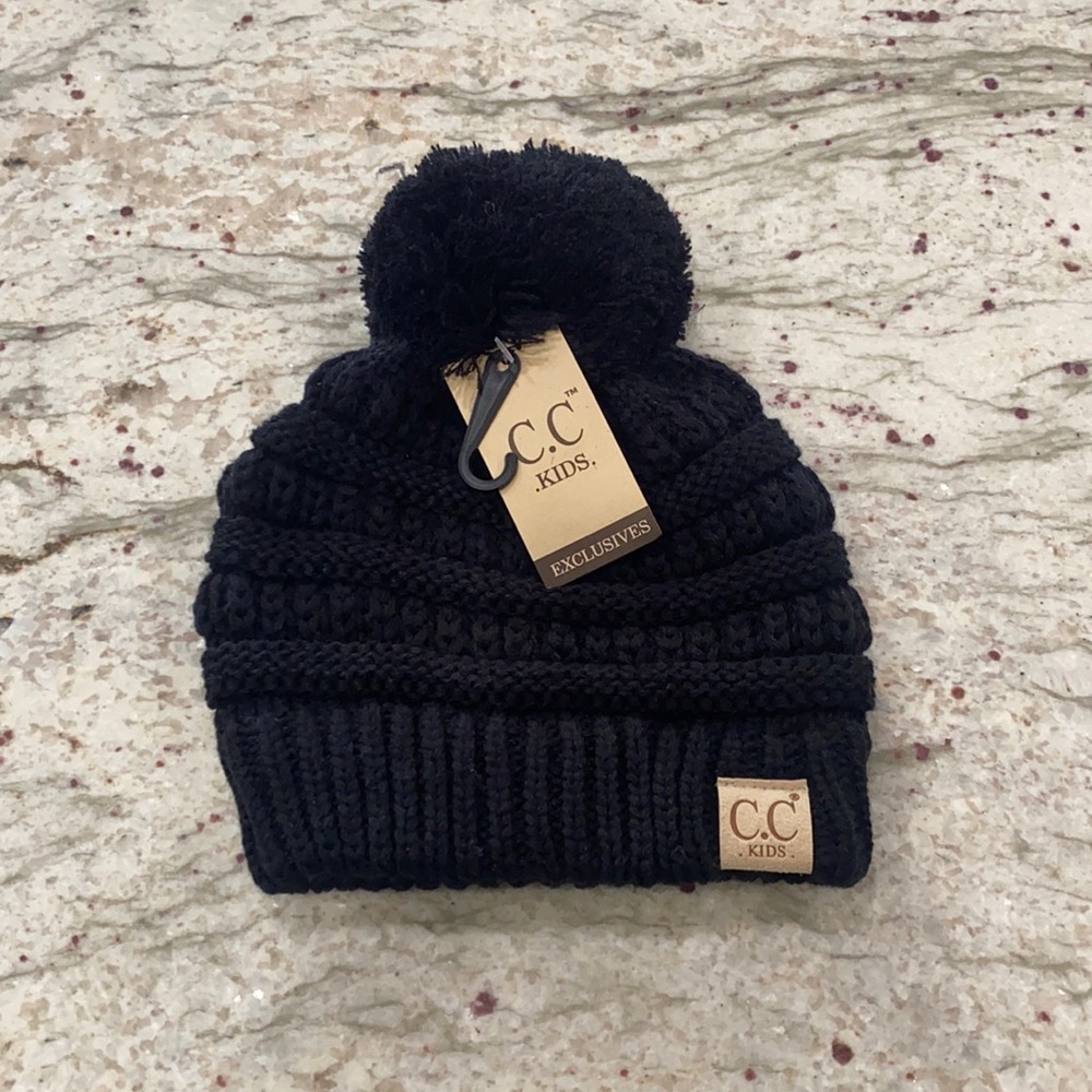 NWT C.C Kids Black Pom Beanie  1-2Y